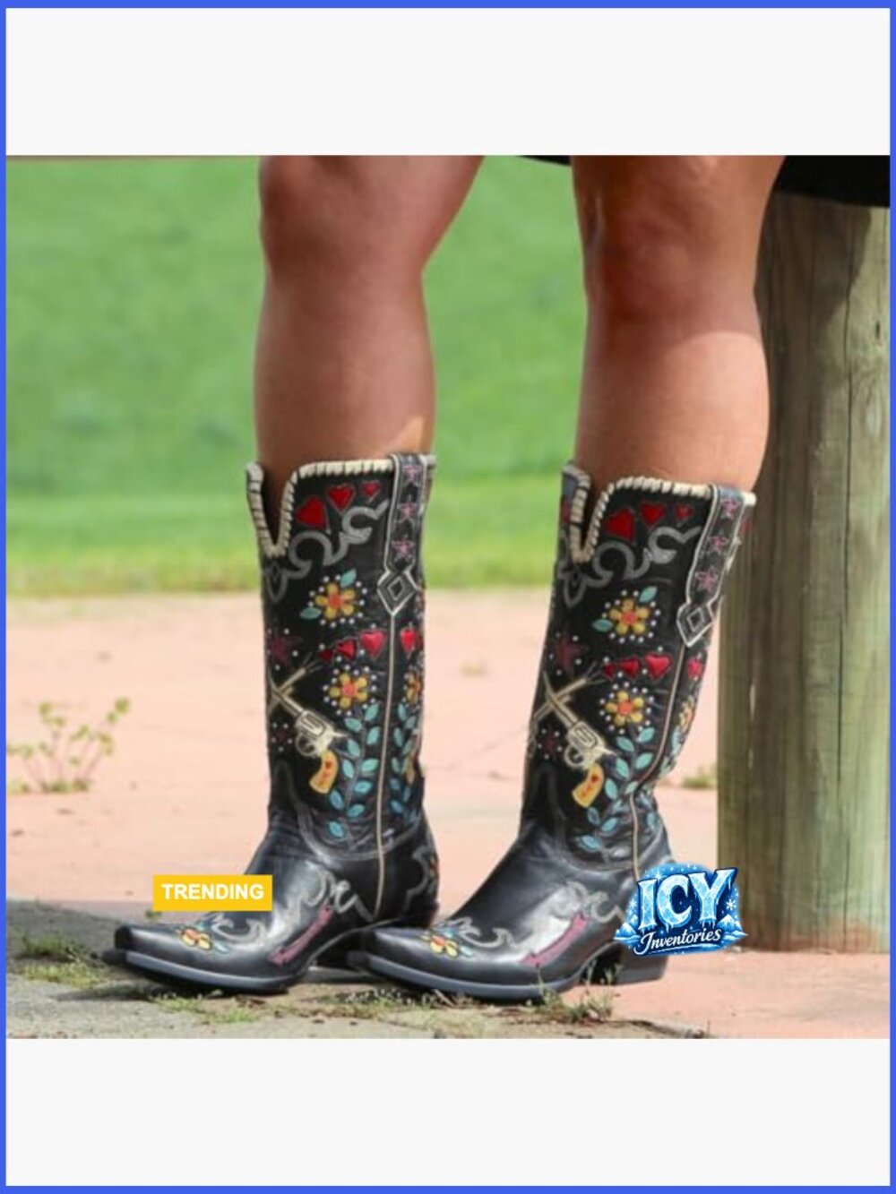 Women's Embroidered Cowgirl Boots - Knee High Chunky Heel Faux Leather Pull On - Picture 4 of 7